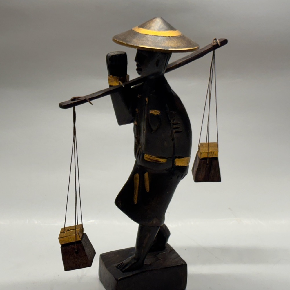 Vintage Folk Art Wooden Asian Hand Carved Man Carrying Water Buckets Figurine